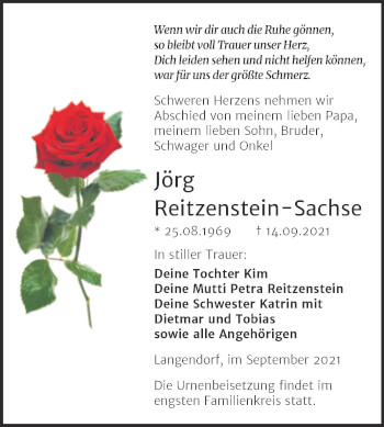 Traueranzeige von Jörg Reitzenstein-Sachse von Trauerkombi Weißenfels