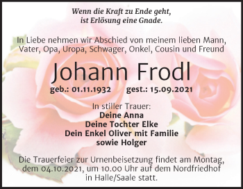 Traueranzeige von Johann Frodl von Mitteldeutsche Zeitung Halle/Saalkreis