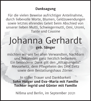 Traueranzeige von Johanna Gerhardt von Trauerkombi Zeitz