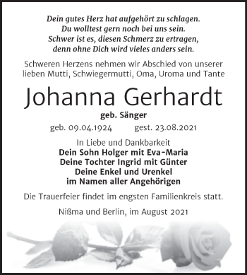 Traueranzeige von Johanna Gerhardt von Trauerkombi Zeitz