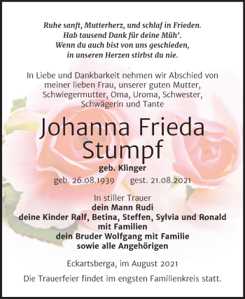 Traueranzeige von Johanna Frieda Stumpf von Wochenspiegel Naumburg/Nebra