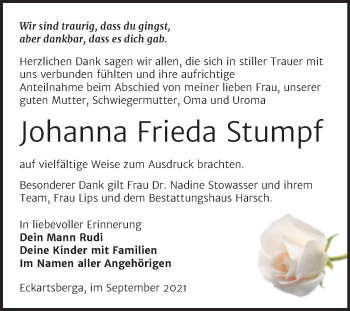 Traueranzeige von Johanna Frieda Stumpf von Wochenspiegel Naumburg/Nebra