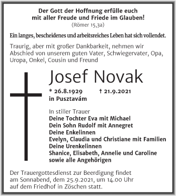 Traueranzeige von Josef Novak von Trauerkombi Merseburg