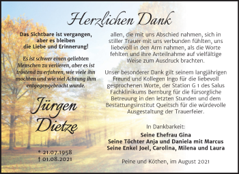 Traueranzeige von Jürgen Dietze von Trauerkombi Köthen