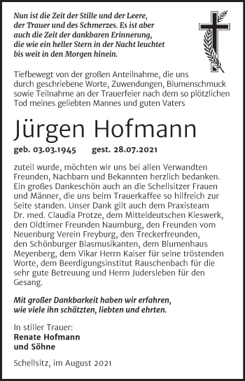 Traueranzeige von Jürgen Hofmann von Trauerkombi Weißenfels