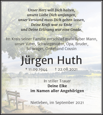 Traueranzeige von Jürgen Huth von Mitteldeutsche Zeitung Halle/Saalkreis