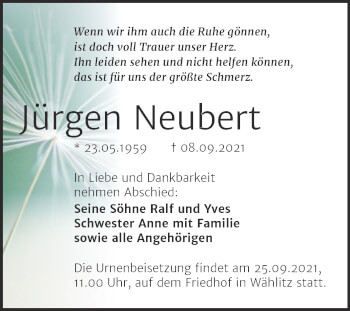Traueranzeige von Jürgen Neubert von Trauerkombi Weißenfels