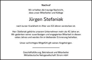Traueranzeige von Jürgen Stefaniak von Mitteldeutsche Zeitung Mansfelder Land