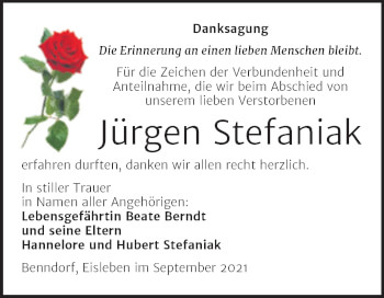 Traueranzeige von Jürgen Stefaniak von Trauerkombi Mansfelder Land