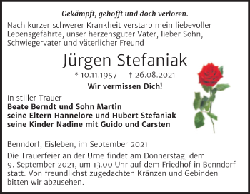 Traueranzeige von Jürgen Stefaniak von Trauerkombi Mansfelder Land