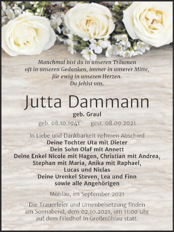 Traueranzeige von Jutta Dammann von Trauerkombi Wittenberg