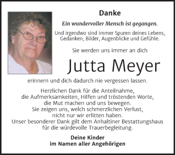 Traueranzeige von Jutta Meyer von Trauerkombi Dessau
