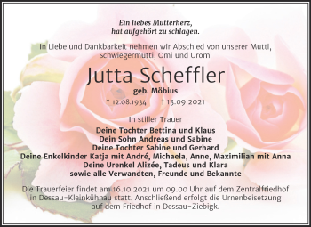 Traueranzeige von Jutta Scheffler von Trauerkombi Dessau