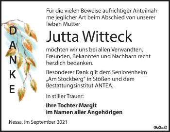 Traueranzeige von Jutta Witteck von Trauerkombi Weißenfels