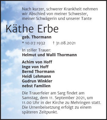 Traueranzeige von Käthe Erbe von Trauerkombi Aschersleben