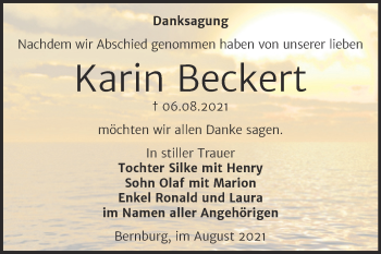 Traueranzeige von Karin Beckert von Trauerkombi Bernburg
