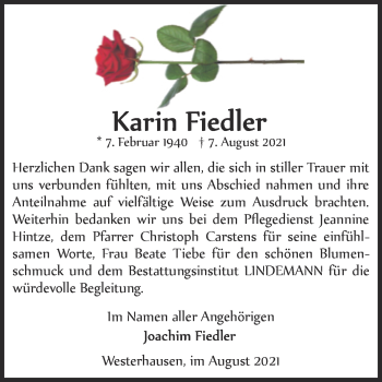 Traueranzeige von Karin Fiedler von Trauerkombi Quedlinburg