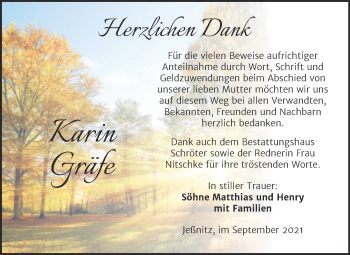 Traueranzeige von Karin Gräfe von Trauerkombi Bitterfeld