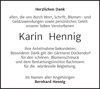 Traueranzeige von Karin Hennig von Trauerkombi Dessau