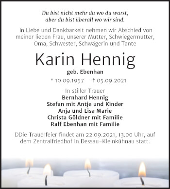 Traueranzeige von Karin Hennig von Trauerkombi Dessau