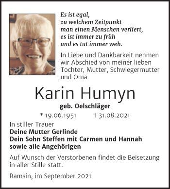 Traueranzeige von Karin Humyn von Trauerkombi Bitterfeld