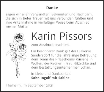 Traueranzeige von Karin Pissors von Trauerkombi Bitterfeld