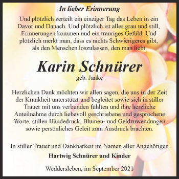 Traueranzeige von Karin Schnürer von Trauerkombi Sangerhausen