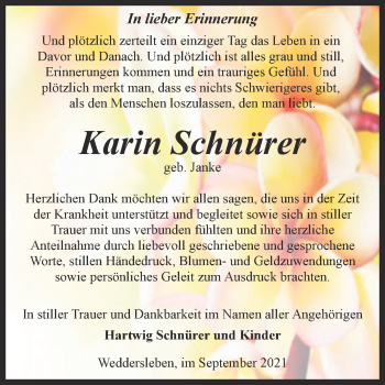 Traueranzeige von Karin Schnürer von Trauerkombi Quedlinburg