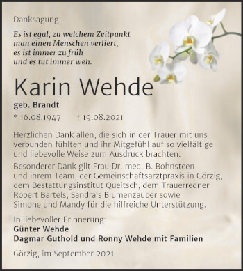 Traueranzeige von Karin Wehde von Trauerkombi Köthen