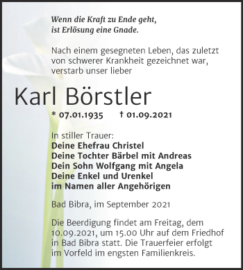 Traueranzeige von Karl Börstler von Naumburger Tageblatt
