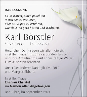 Traueranzeige von Karl Börstler von Naumburger Tageblatt