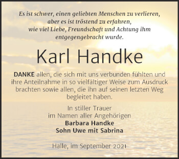 Traueranzeige von Karl Handke von Mitteldeutsche Zeitung Halle/Saalkreis