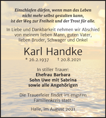 Traueranzeige von Karl Handke von Mitteldeutsche Zeitung Halle/Saalkreis