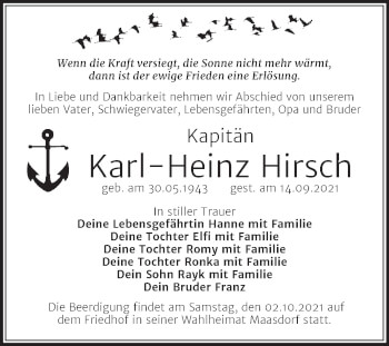 Traueranzeige von Karl-Heinz Hirsch von Trauerkombi Wittenberg