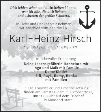 Traueranzeige von Karl-Heinz Hirsch von Trauerkombi Köthen