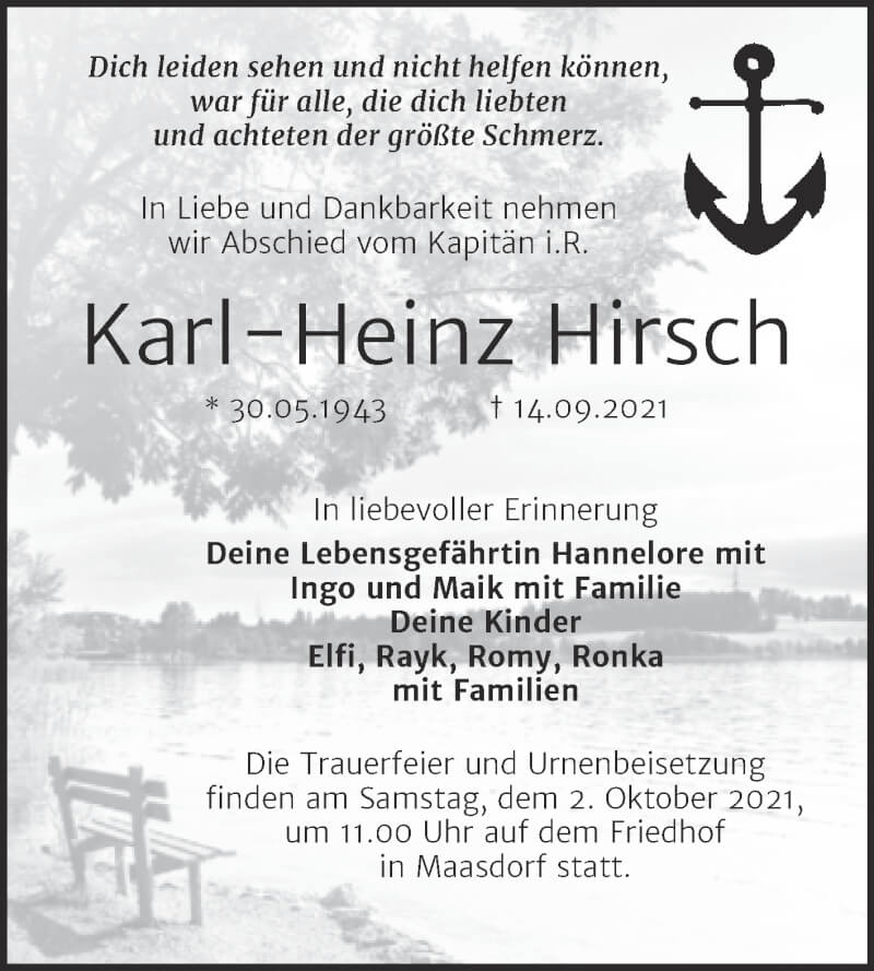  Traueranzeige für Karl-Heinz Hirsch vom 17.09.2021 aus Trauerkombi Köthen