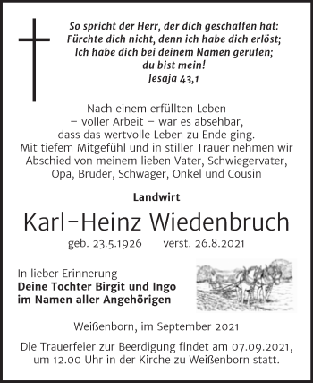 Traueranzeige von Karl-Heinz Wiedenbruch von Trauerkombi Zeitz