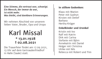 Traueranzeige von Karl Missal von Mitteldeutsche Zeitung Halle/Saalkreis