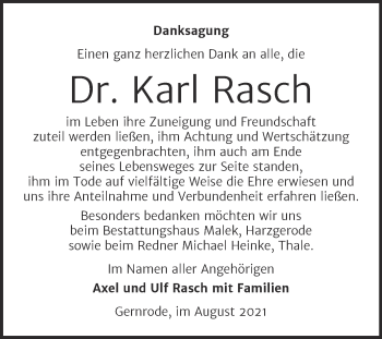 Traueranzeige von Karl Rasch von Trauerkombi Quedlinburg