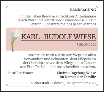 Traueranzeige von Karl-Rudolf Wiese von Trauerkombi Mansfelder Land