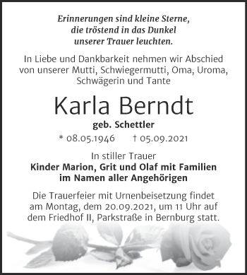 Traueranzeige von Karla Berndt von Trauerkombi Bernburg
