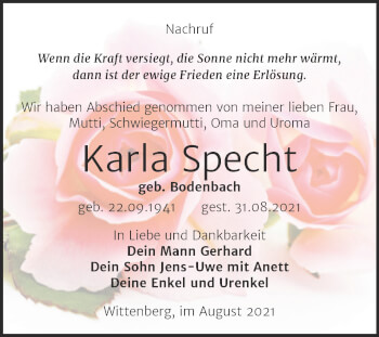 Traueranzeige von Karla Specht von Trauerkombi Wittenberg