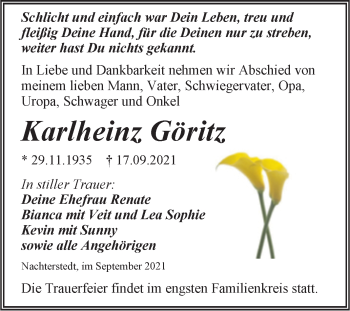 Traueranzeige von Karlheinz Göritz von Trauerkombi Aschersleben