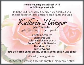 Traueranzeige von Kathrin Hünger von Trauerkombi Merseburg