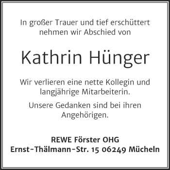 Traueranzeige von Kathrin Hünger von Super Sonntag Merseburg/Querfurt