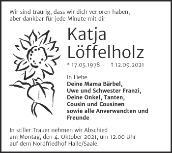 Traueranzeige von Katja Löffelholz von Mitteldeutsche Zeitung Halle/Saalkreis