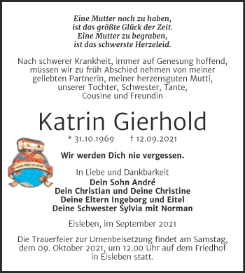 Traueranzeige von Katrin Gierhold von Trauerkombi Mansfelder Land