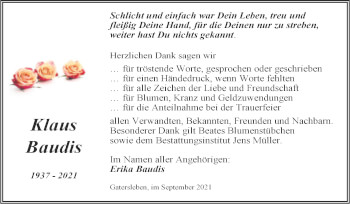 Traueranzeige von Klaus Baudis von Trauerkombi Aschersleben