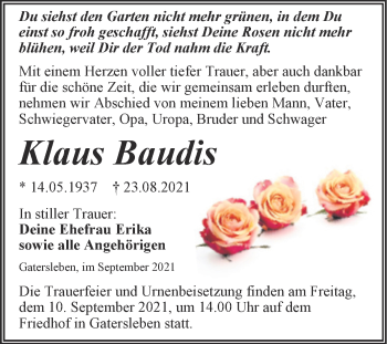 Traueranzeige von Klaus Baudis von Trauerkombi Aschersleben