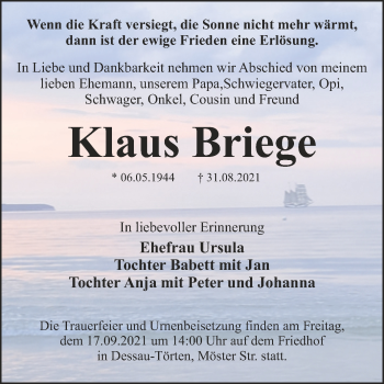 Traueranzeige von Klaus Briege von Trauerkombi Dessau